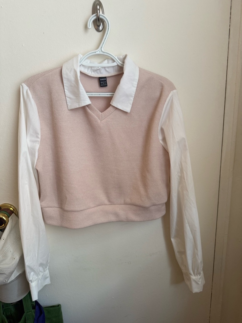 SHEIN Blush Pink Knit Sweater with White Shirt Trim